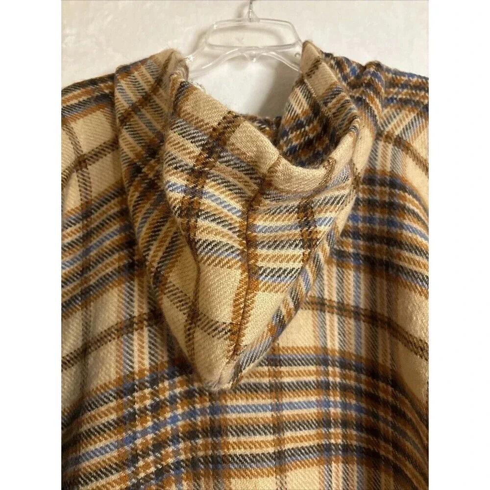 Aerie Hooded Plaid Poncho Shall Women's One Size Tan Toggle Front Closure